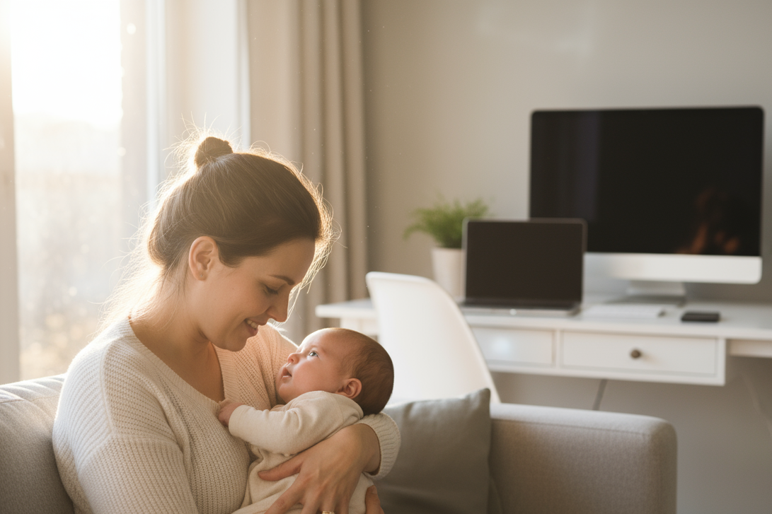mamá con bebé sonriendo mientras lo mira, en un sitio aesthetic y luminoso, se ve un ordenador de fondo pero no hay nadie con él ya que no tienen que realizar los trámites, nosotros nos encargamos de hacerlos